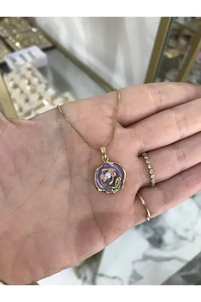 Mor Gül Detaylı Çelik Sanat Kolye