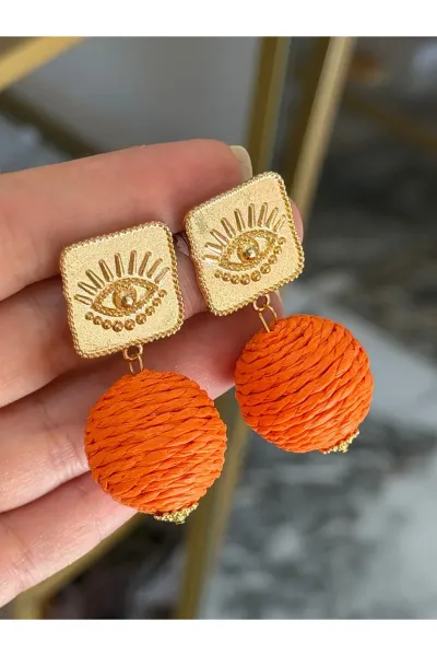 Gold ve Göz Detaylı Turuncu Hasır Küpe