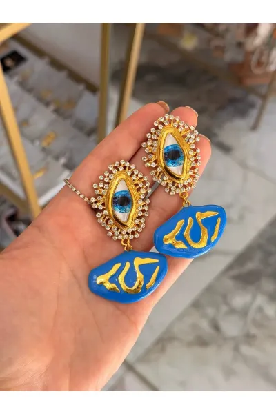 Işıltılı Taşlarla Çevrili Göz Model Mavi Tasarım Küpe