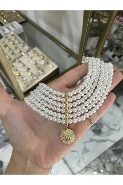 Gold Detaylı Abiye İnci Kolye