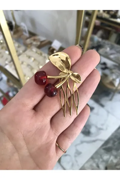 Kiraz Detaylı Gold Tarak Model Saç Toka