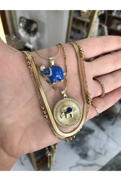 4'lü Model Mavi Fil Detaylı Gold Kolye