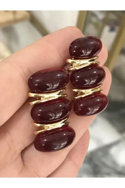 Bordo Muadil Marka Gold Detaylı Sıralı Model Küpe