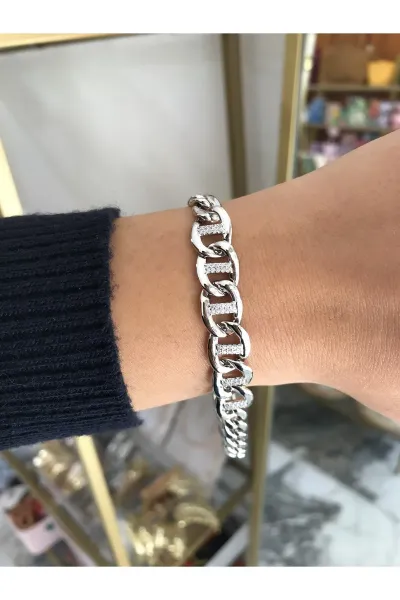 Taş Detaylı Silver Zincir Model Bileklik (kararmaz)