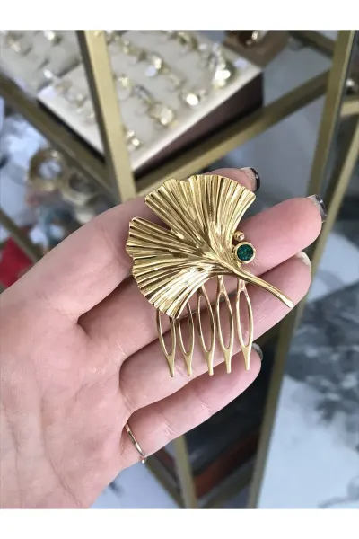 Yelpaze Taş Detaylı Gold Tarak Model Saç Toka