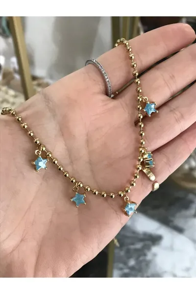 Mavi Yıldız Detaylı Boncuk Zincir Gold Kolye