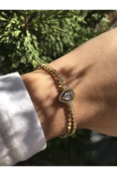 İkili Zincir Taş Detaylı Damla Model Bileklik