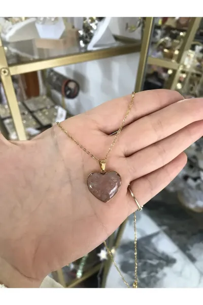 Cam ve Gold Detaylı Kalp Doğal taş Çelik Kolye