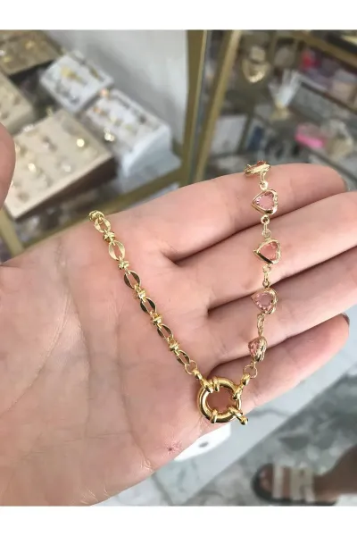 Zincir ve Pembe Kalp Detaylı İp Kolye