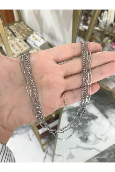 Silver Detaylı 3'lü Ataç ve Zincir Model Kolye