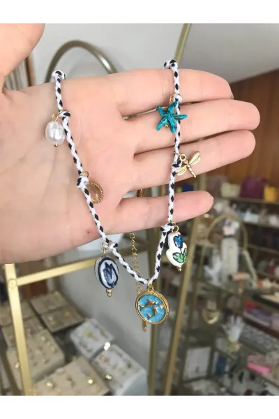 Renkli Seramik Lale ve Yusufçuk Charmlı İp Model Kolye
