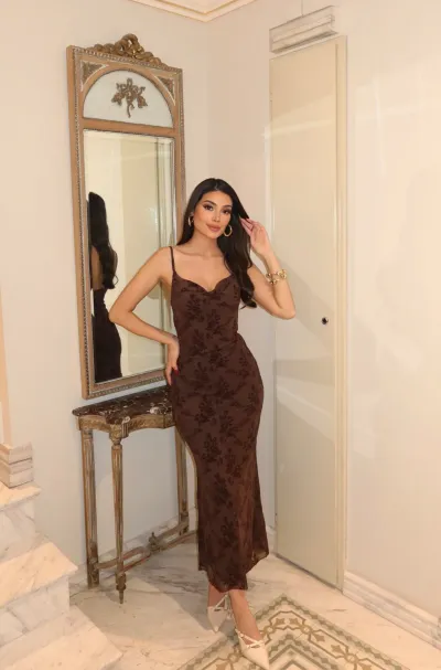 Tül Baskılı Askılı Elbise Kahverengi