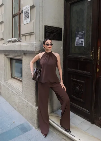 Linda Twil Kumaş Halter Yaka Takım Kahverengi