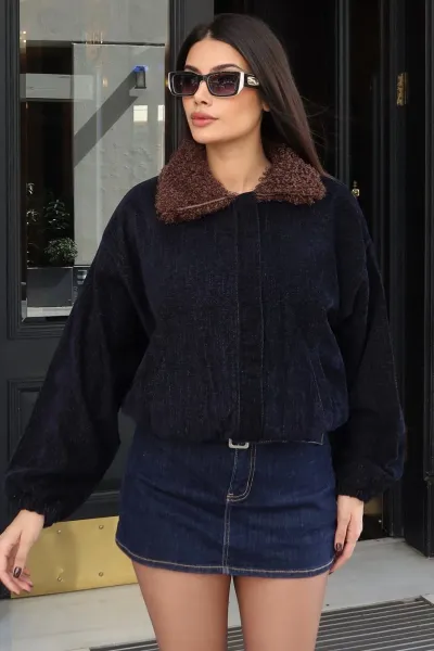 Fitilli Kadife Kumaş Yaka Kürkü Astarlı Ceket Siyah