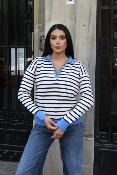 Polo Yaka Çizgili Yarım Fermuarlı Triko Kazak