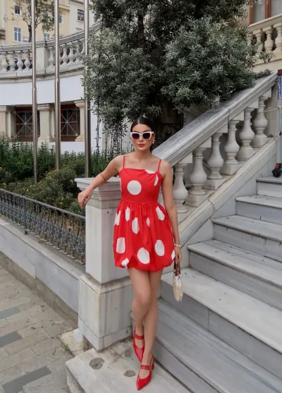 Poplin Kumaş Büyük Puantiye Balon Elbise