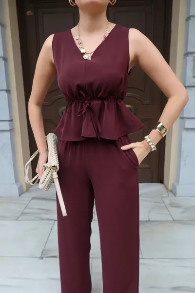 Linda Twill Kumaş Lastikli İkili Takım Kahverengi