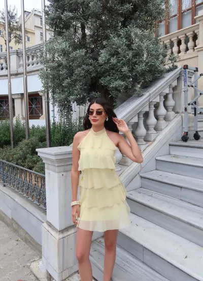 Puantiyeli Fırfırlı Mini Elbise