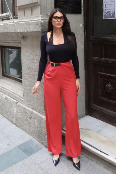 Linda Twill Kumaş Kemer Detay Pantolon Kırmızı