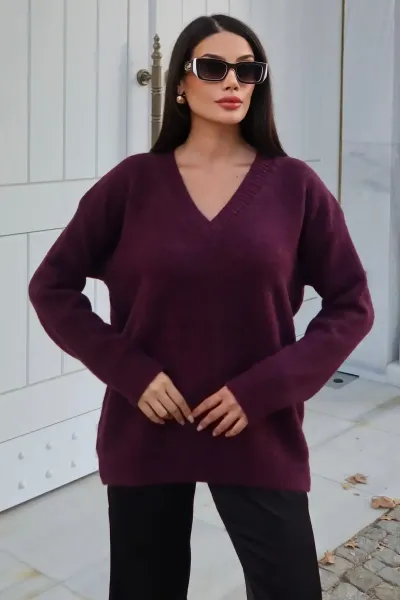 V Yaka Oversize Triko Kazak Bordo