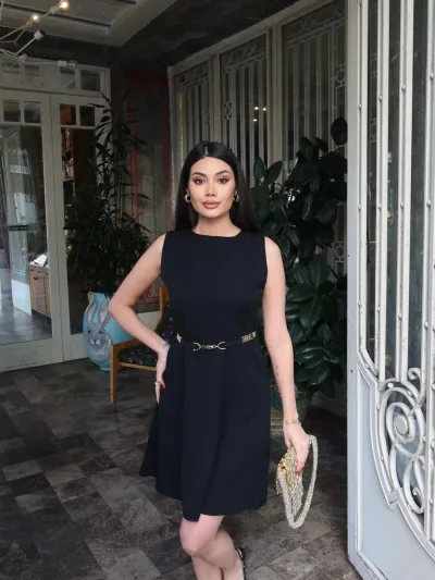Double Kumaş Kemerli Elbise Siyah