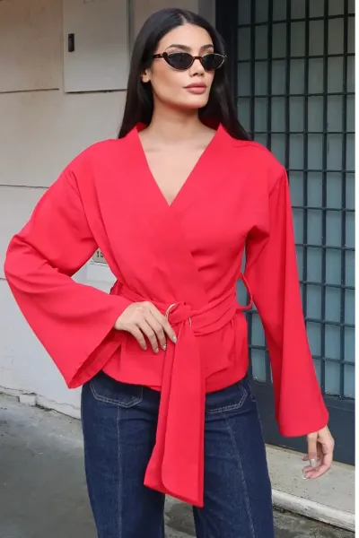 Linda Twill Kumaş Kuşaklı Aksesuarlı Ceket Kırmızı