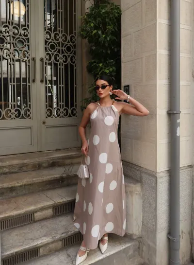 Poplin Kumaş Büyük Puantiye Desenli Uzun Elbise Pembe