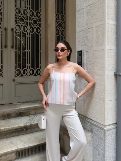 Çizgili Kumaş Astarlı Askılı Bluz