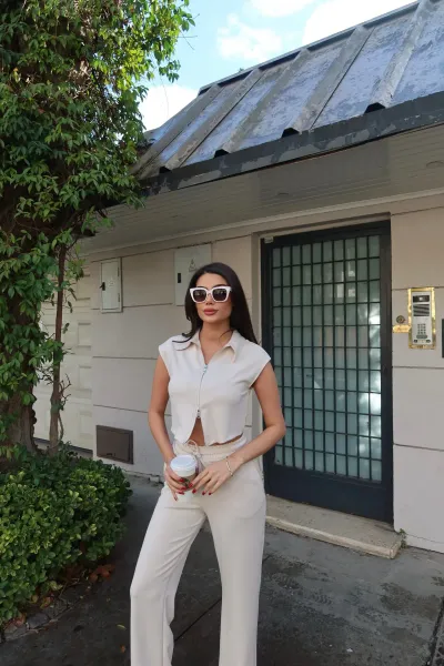 Oysho Kumaş Çift Fermuarlı Takım Krem