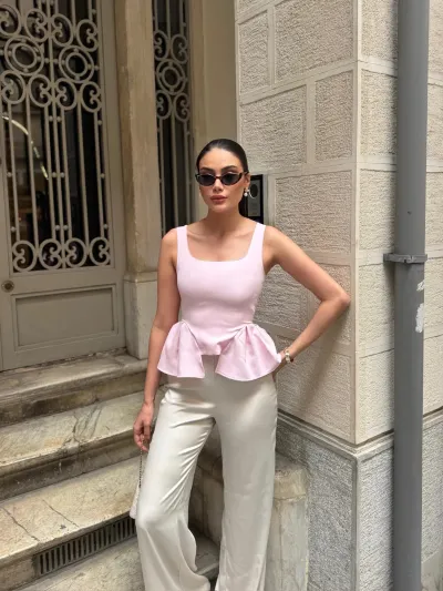 Double Kumaş Volanlı Bluz Pembe