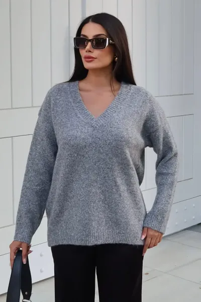 V Yaka Oversize Triko Kazak Gri