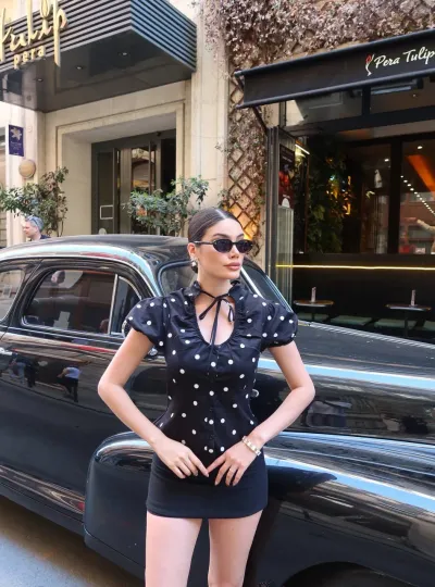 Poplin Kumaş Puantiyeli Bağlamalı Gömlek Siyah