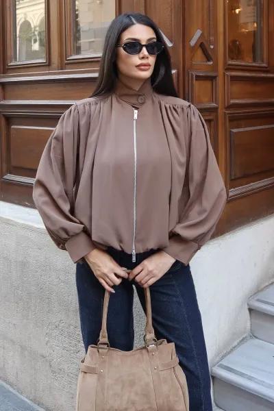 Linda Twill Kumaş Çift Fermuarlı Astarlı Ceket Camel
