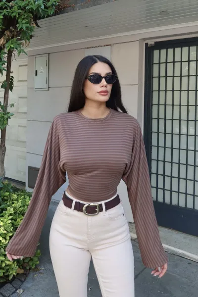 Çizgili Kumaş Yan Büzgülü İspanyol Kol Bluz Taba