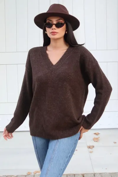 V Yaka Oversize Triko Kazak Kahverengi