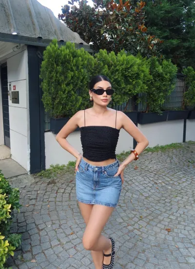 Puantiyeli Büzgülü Crop Siyah
