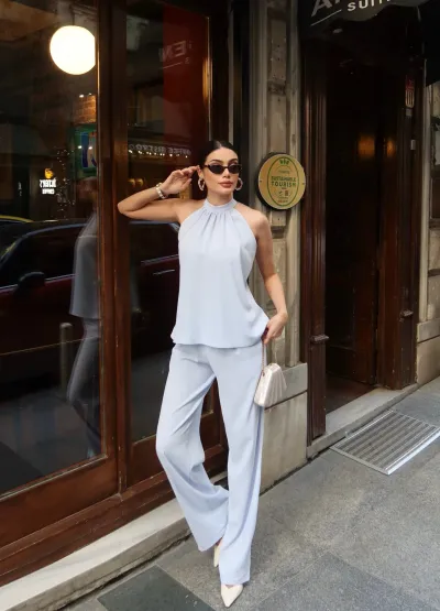 Linda Twil Kumaş Halter Yaka Takım Bebe Mavi