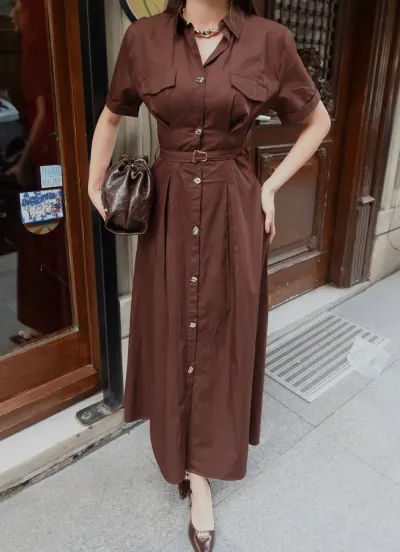 Poplin Kumaş Düğmeli Elbise Bordo