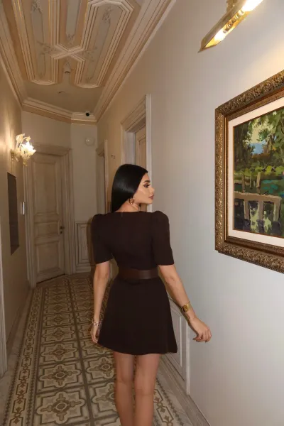Double Kumaş Prenses Kol Kemerli Elbise Kahverengi