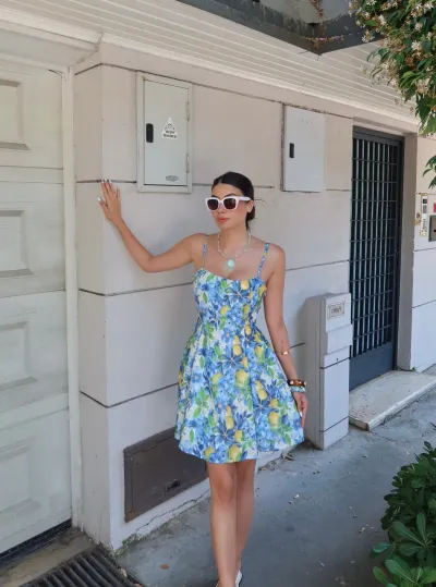 Keten Desenli Mini Elbise Beyaz