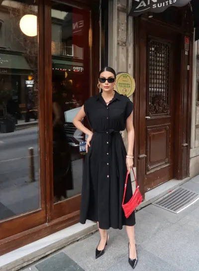 Crep Kumaş Düğmeli Kuşaklı Elbise Siyah