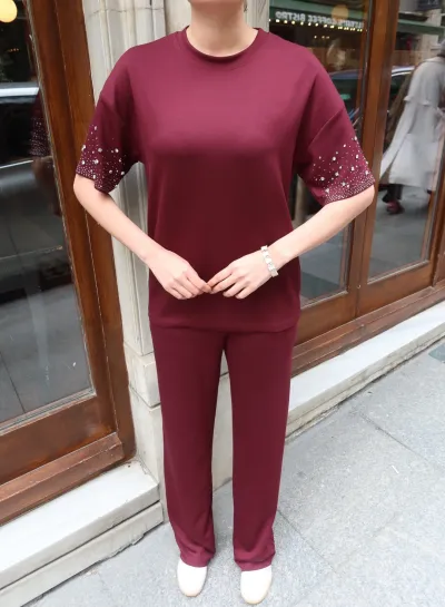 Oysho Kumaş Kolları Taşlı Takım Mürdüm
