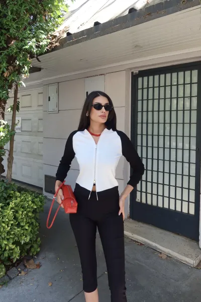 Oysho Kumaş Çift Renkli Fermuarlı Hırka Beyaz