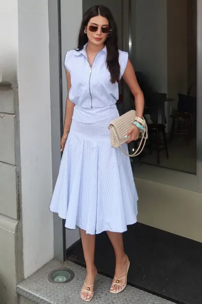 Tricoton Poplin Kumaş Fermuarlı Bluz Etek Takım Mavi