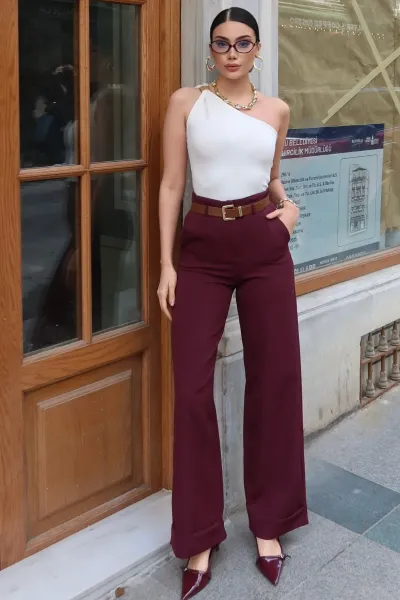 Double Kumaş Bol Paça Kemerli Pantolon Bordo