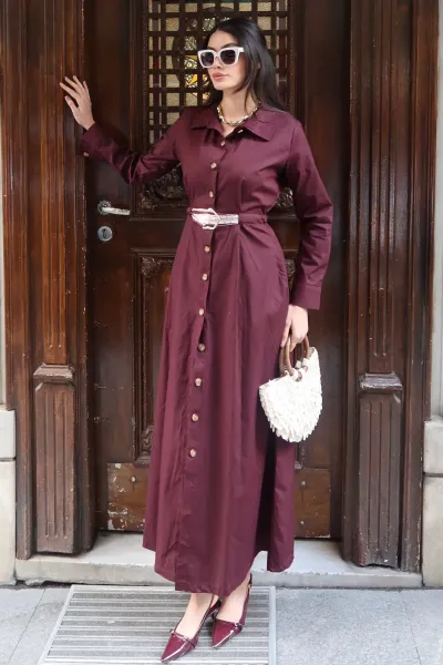 Poplin Kumaş Aksesuarlı Elbise Bordo