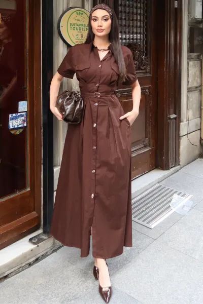 Poplin Kumaş Düğmeli Kısa Kollu Yazlık Elbise Kahverengi