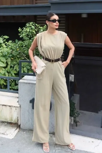 Linda Twill Kumaş Kemerli Tulum Yeşil