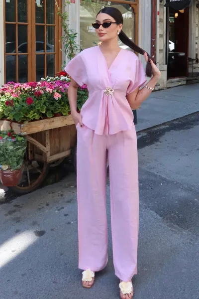 Tensel Kumaş Gold Aksesuarlı Bağlamalı Takım Pembe
