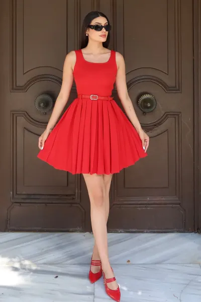 Double Kumaş Pileli Mini Elbise Kırmızı